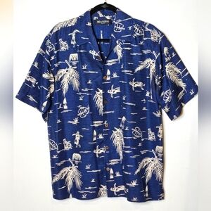 Brandini‎ Silk Hawaiian Tropical Vacation Print Men's Large Shirt Blue